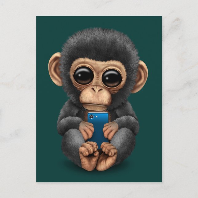 Cute Baby Chimpanzee Holding a Cell Mobil Teal Vykort (Framsida)