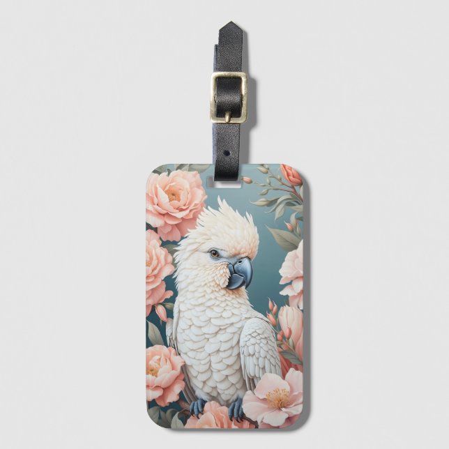 Cute Baby Cockatoo Parrot Soft Rosa Flowers Bagagebricka (Framsida vertikal)