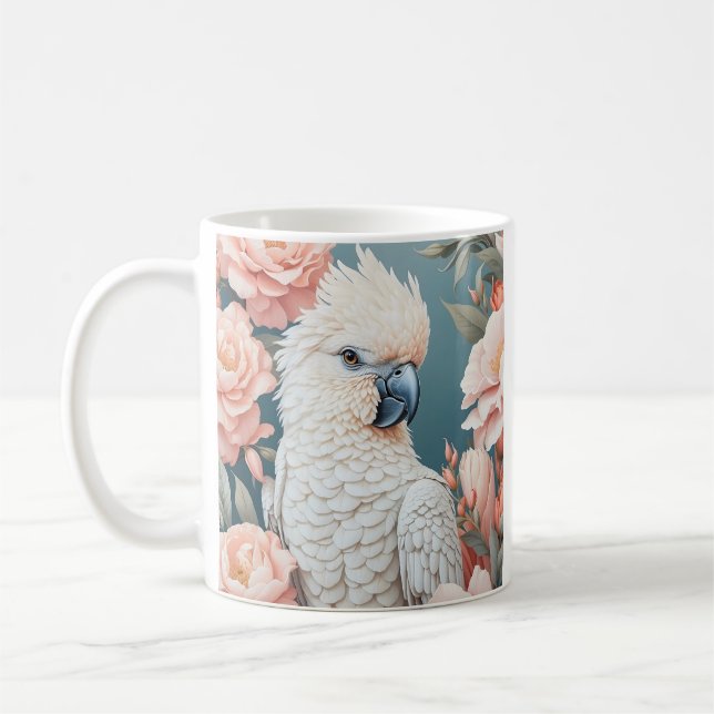 Cute Baby Cockatoo Parrot Soft Rosa Flowers Kaffemugg (Vänster)