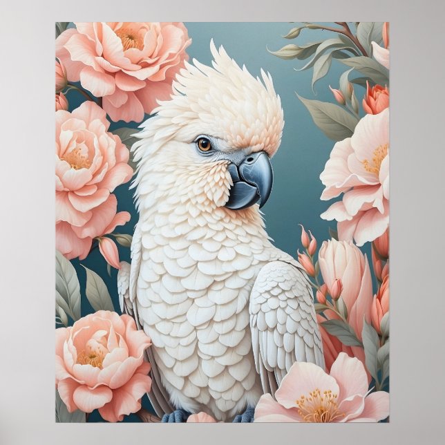 Cute Baby Cockatoo Parrot Soft Rosa Flowers Poster (Framsidan)
