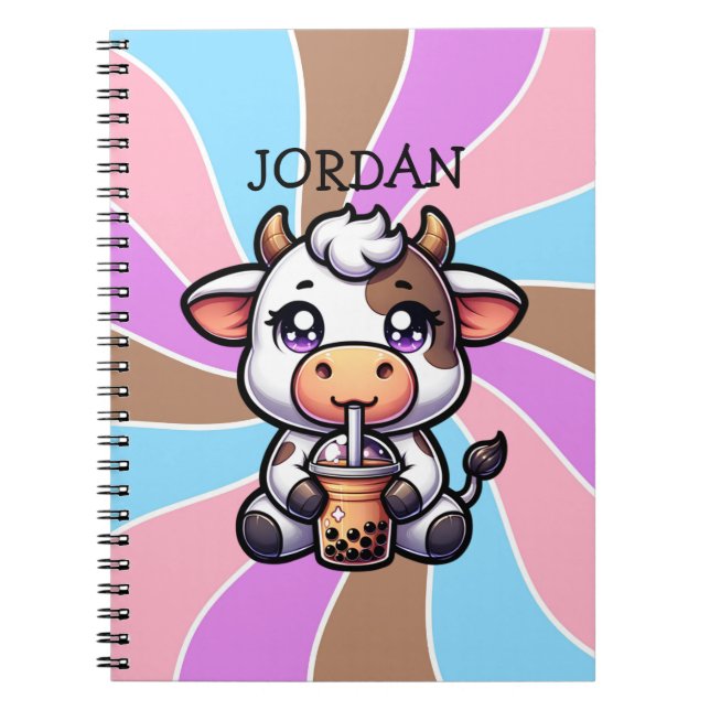 Cute Baby Cow Drinking Boba Kawaii Tecknad Anteckningsbok (Framsidan)