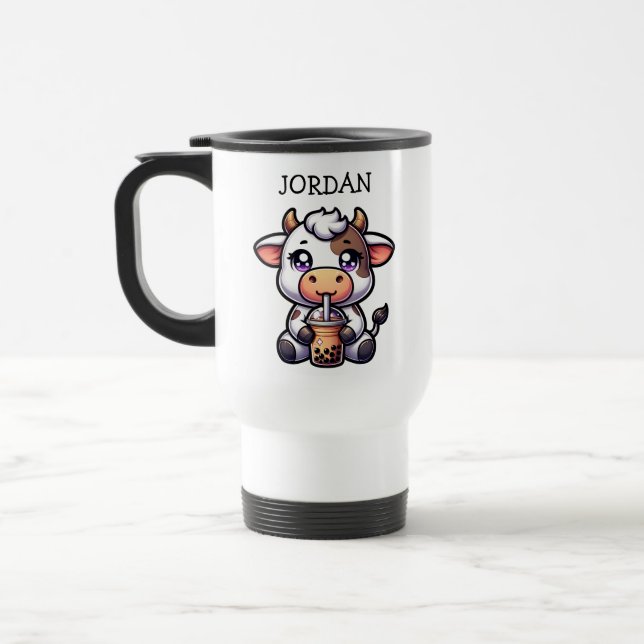 Cute Baby Cow Drinking Boba Kawaii Tecknad Resemugg (Vänster)