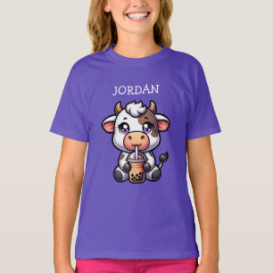 Cute Baby Cow Drinking Boba Kawaii Tecknad T Shirt
