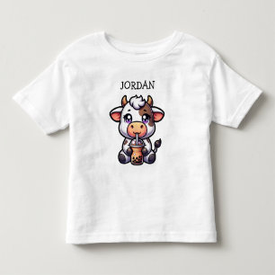 Cute Baby Cow Drinking Boba Kawaii Tecknad T Shirt