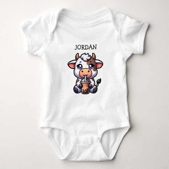 Cute Baby Cow Drinking Boba Kawaii Tecknad T Shirt (Framsida)