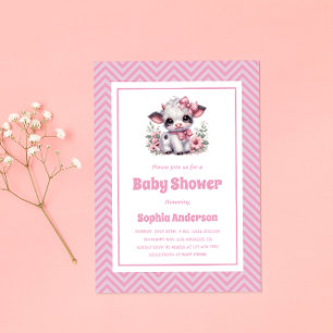 Cute Baby Cow Girl Baby Shower - Rosa Blommigt Far Inbjudningar