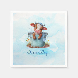 Cute Baby Cow i Bucket Blue Baby Shower en pojke Pappersservett