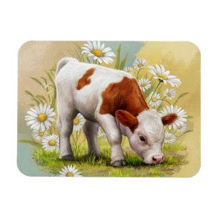 Cute Baby Cow i fält i Daisy Flowers Magnet