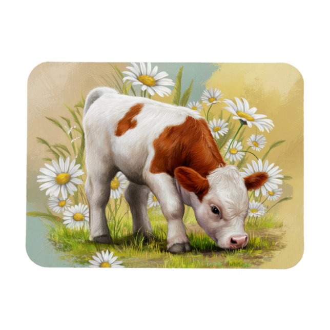Cute Baby Cow i fält i Daisy Flowers Magnet (Horisontell)