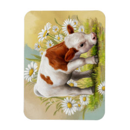 Cute Baby Cow i fält i Daisy Flowers Magnet