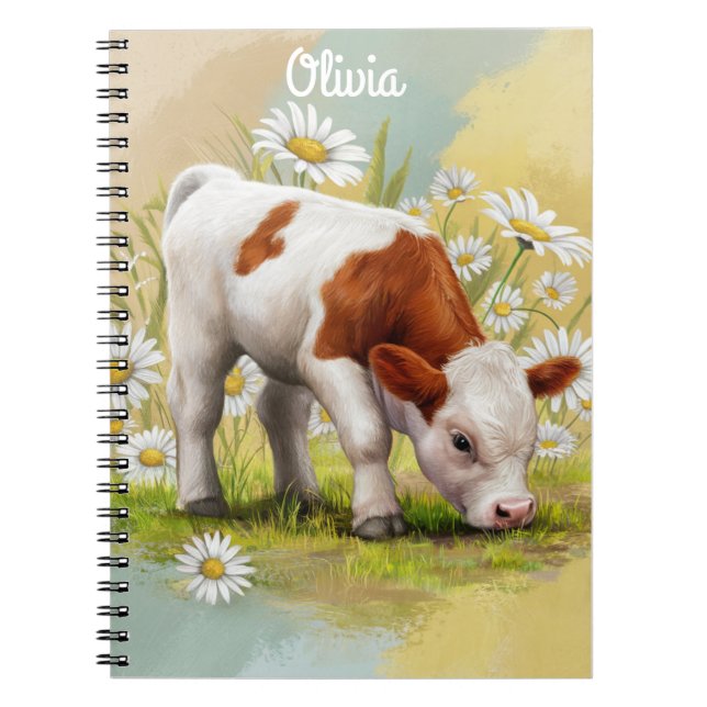 Cute Baby Cow i fält i Daisy Land Anteckningsbok (Framsidan)