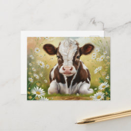 Cute Baby Cow i fält i Daisy Vykort