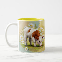 Cute Baby Cow i fält i Daisy Westerna Två-Tonad Mugg