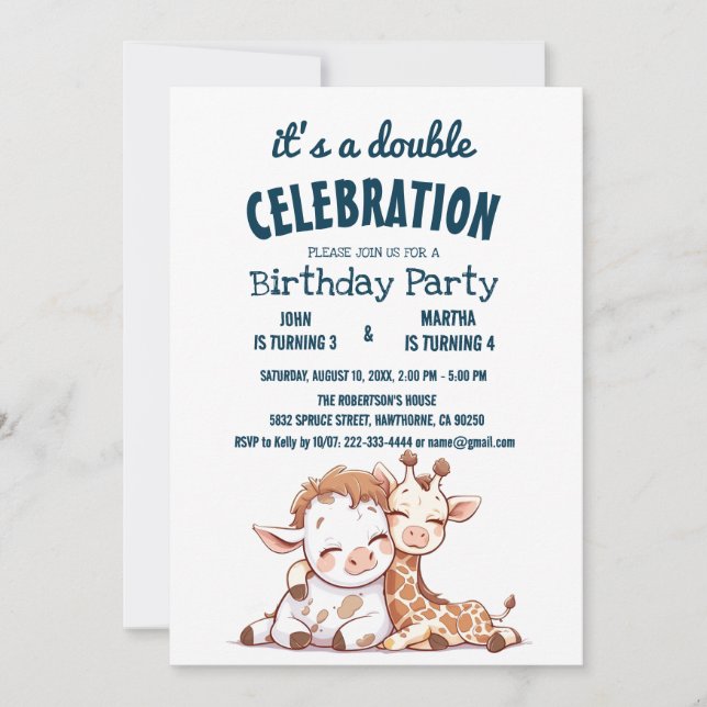 Cute Baby Cow och Giraffe Dubbla Födelsedagsfest Inbjudningar (Framsida)