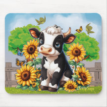 Cute Baby Cow och Sunblommor Anpassningsbar Mousep
