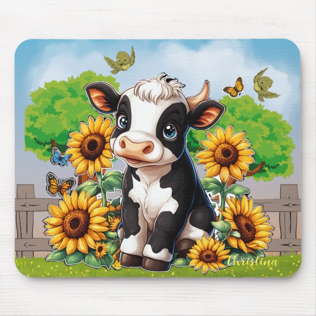 Cute Baby Cow och Sunblommor Anpassningsbar Mousep Musmatta (Framsidan)