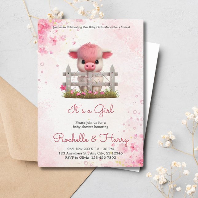 Cute Baby Cow Rosa Blommigt Baby Shower en flicka Inbjudningar (Skapare uppladdad)