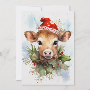 Cute Baby Cow Vinterjul - vattenfärg Inbjudningar