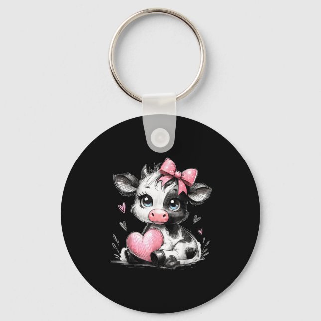 Cute Baby Cow With Nk Coquette Bow Holding Heart  Nyckelring (Framsida)