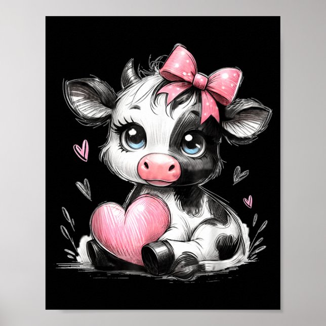 Cute Baby Cow With Nk Coquette Bow Holding Heart  Poster (Framsidan)