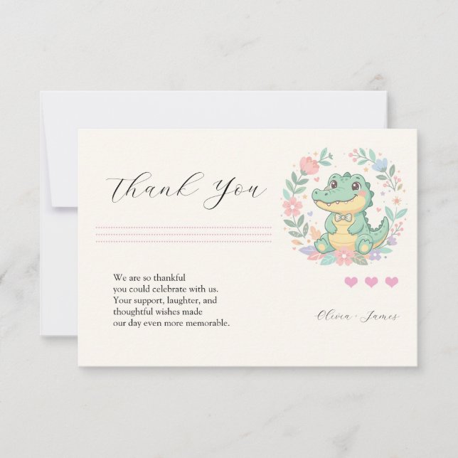 Cute Baby Crocodile Floral Frame Tack Kort (Framsida)