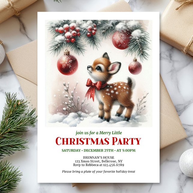 Cute baby deer Christmas kids invite editable card Inbjudningar (Cute baby deer watercolor Christmas invite red green white)