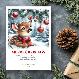 Cute Baby Deer Christmas Scene Watercolor Greeting Julkort