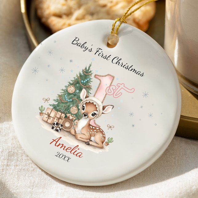 Cute baby deer first Christmas pink personalized  Julgransprydnad Keramik (Skapare uppladdad)