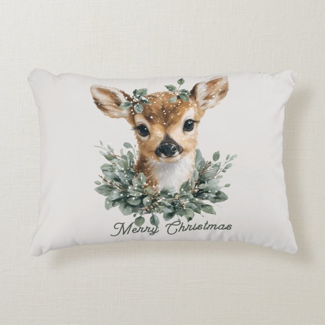 Cute Baby Deer Merry Christmas – Watercolor Fawn  Prydnadskudde (Framsidan)