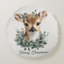 Cute Baby Deer Merry Christmas – Watercolor Fawn Rund Kudde