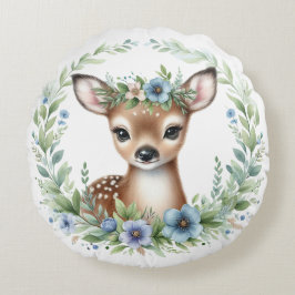 Cute Baby Deer with Blue Floral Rund Kudde