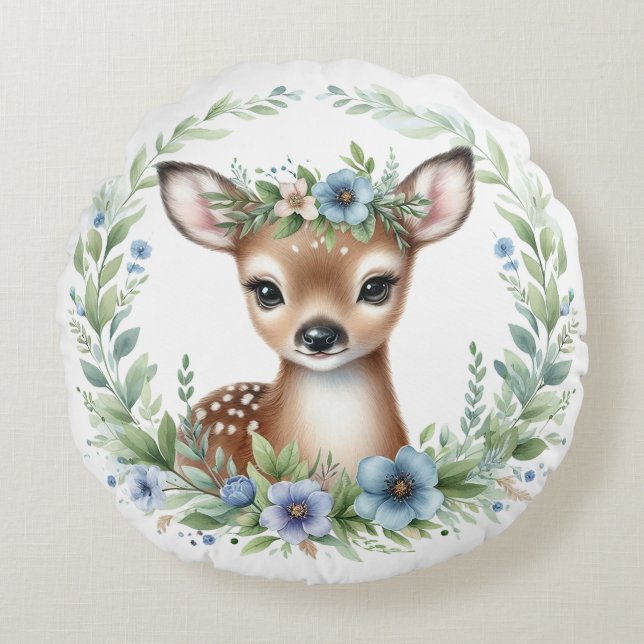 Cute Baby Deer with Blue Floral Rund Kudde (Framsidan)