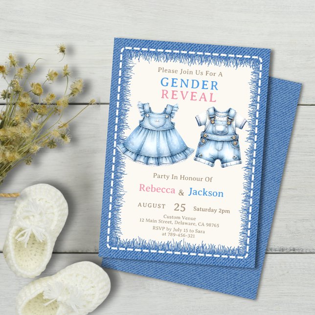 Cute Baby Denim Dress & Dungarees Gender Reveal Inbjudningar (Cute Baby Denim Dress & Dungarees Gender Reveal Invitation)
