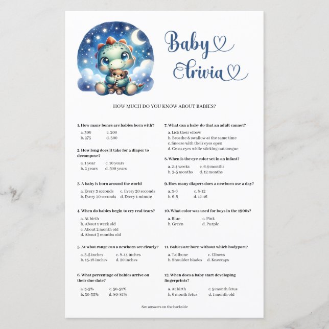 Cute baby-dino-kramande nalle Baby Trivia-spel (Framsida)