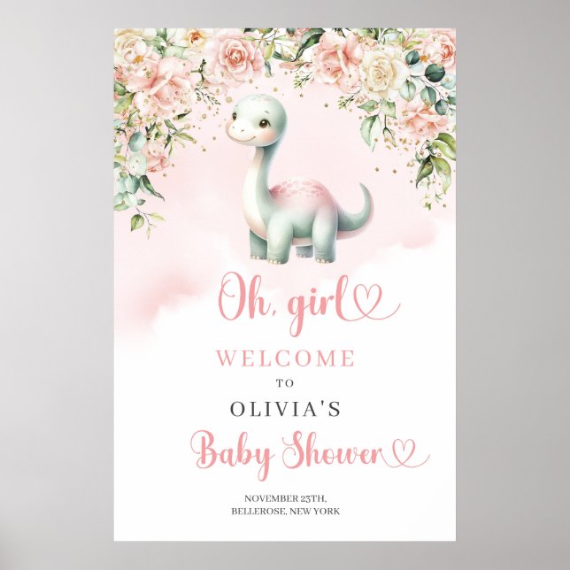 Cute baby, dinosauer, flicka  ro, välkommen poster (Framsidan)