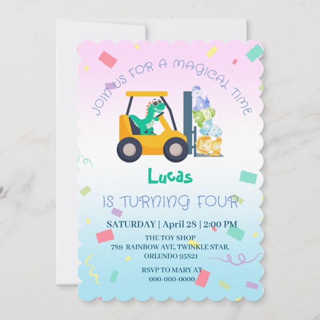 Cute baby dinosauer traktor Lastbil Birthday DIY N Inbjudningar (Framsida)