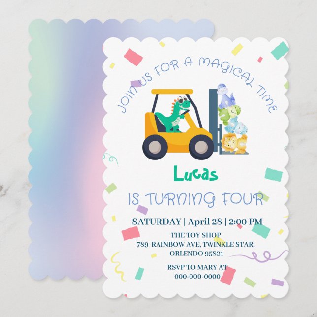 Cute baby dinosauer traktor Lastbil Birthday DIY N Inbjudningar (Fram/baksida)