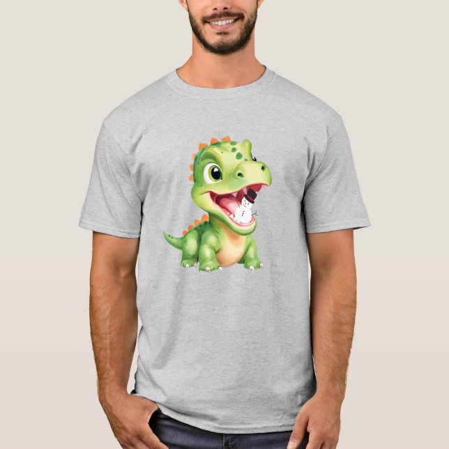 Cute baby Dinosaur äter snögubbe jul, party gif T Shirt (Framsida)