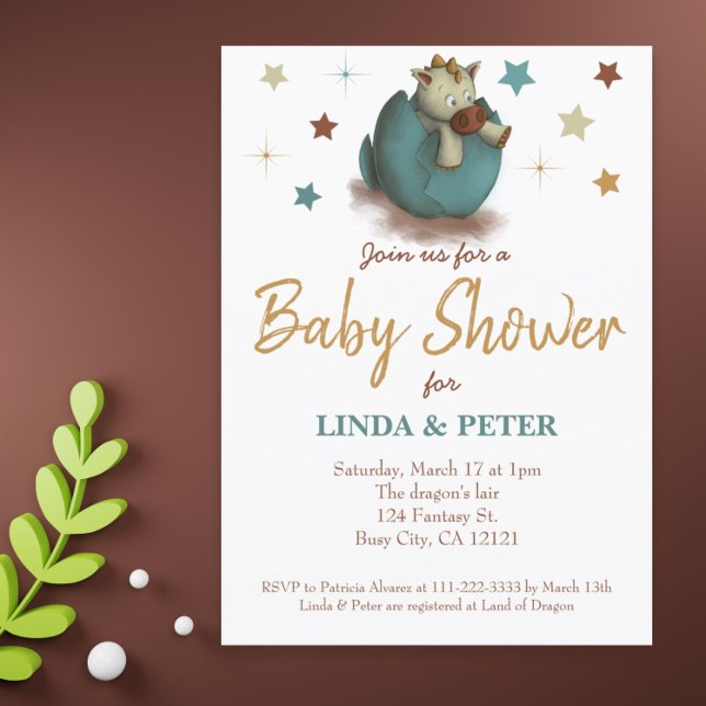 Cute Baby Dinosaur Hatching Neutralt Baby Shower Inbjudningar (Cute gender neutral dragon baby shower invitation)