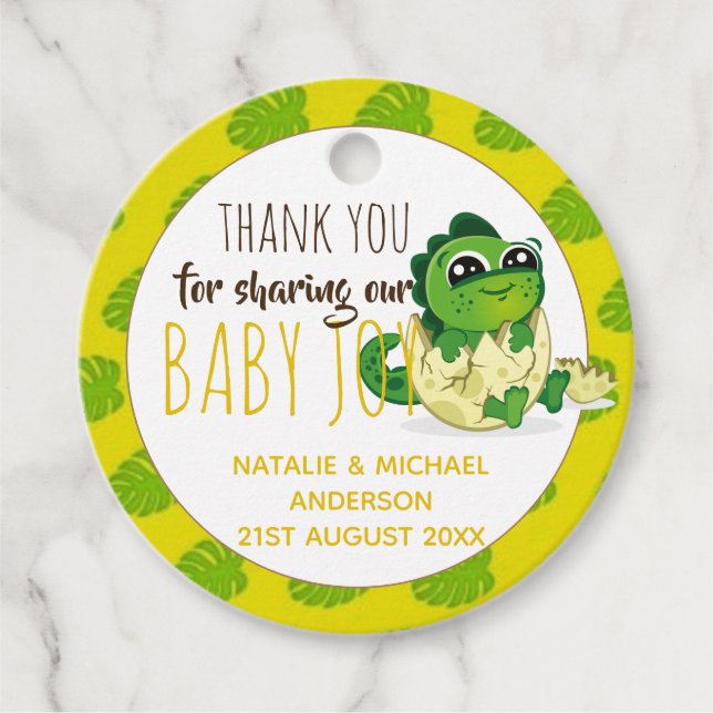 Cute Baby Dinosaur Hatching Shower Party Jurassic Gåvor Etiketter (Framsida)