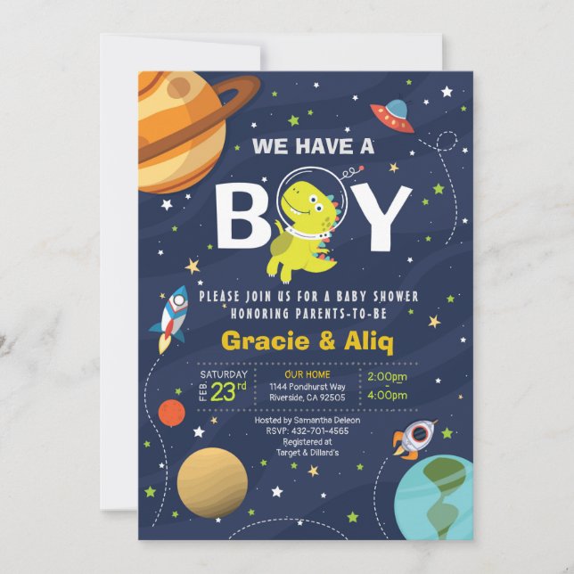 Cute Baby Dinosaur-inbjudan till babydusch BOY Inbjudningar (Framsida)