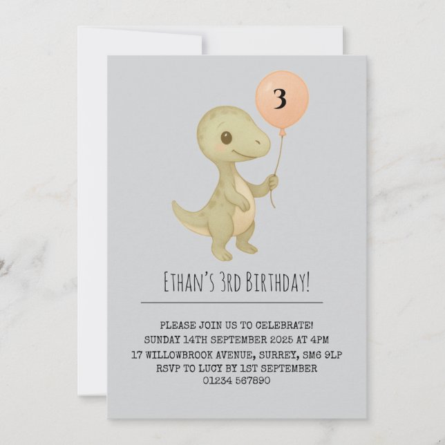 Cute Baby Dinosaur med Blegon Birthday Inbjudningar (Framsida)