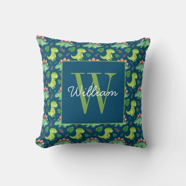 Cute Baby Dinosaur Mönster Monogram & Namn Anpassn Kudde (Framsida)