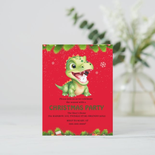 Cute baby Dinosaur som håller snögubbe jul party Julkort (Stående Fram)