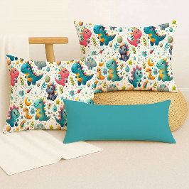 Cute Baby Dinosaur Teal Colorful Dino Throw Pillow Kudde