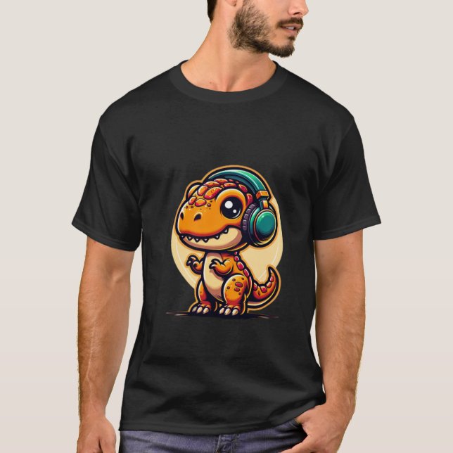 Cute baby dinosaurie med hörlurar t shirt (Framsida)
