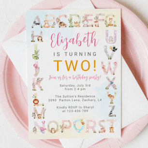 Cute Baby djur Alphabet Birthday Inbjudningar