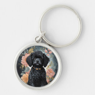 Cute Baby djur Cute Black Pudel Puppy Rund Silverfärgad Nyckelring