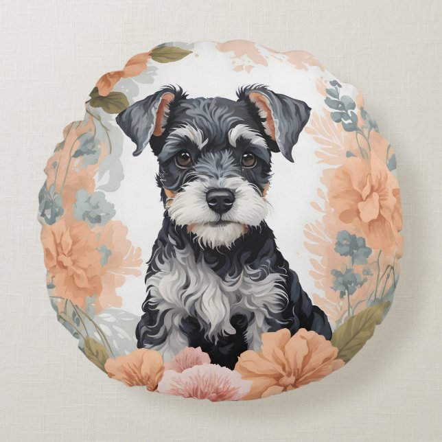Cute Baby djur - Miniature Schnauzer Rund Kudde (Framsidan)