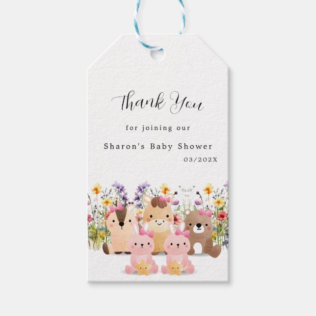 Cute Baby djur och Wildblomma| Baby Shower Presentetikett (Framsidan)